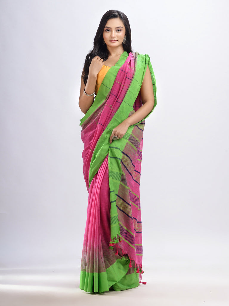 Women's Pink cotton tai dai with solid broder in multi colour pallu hondwaven saree