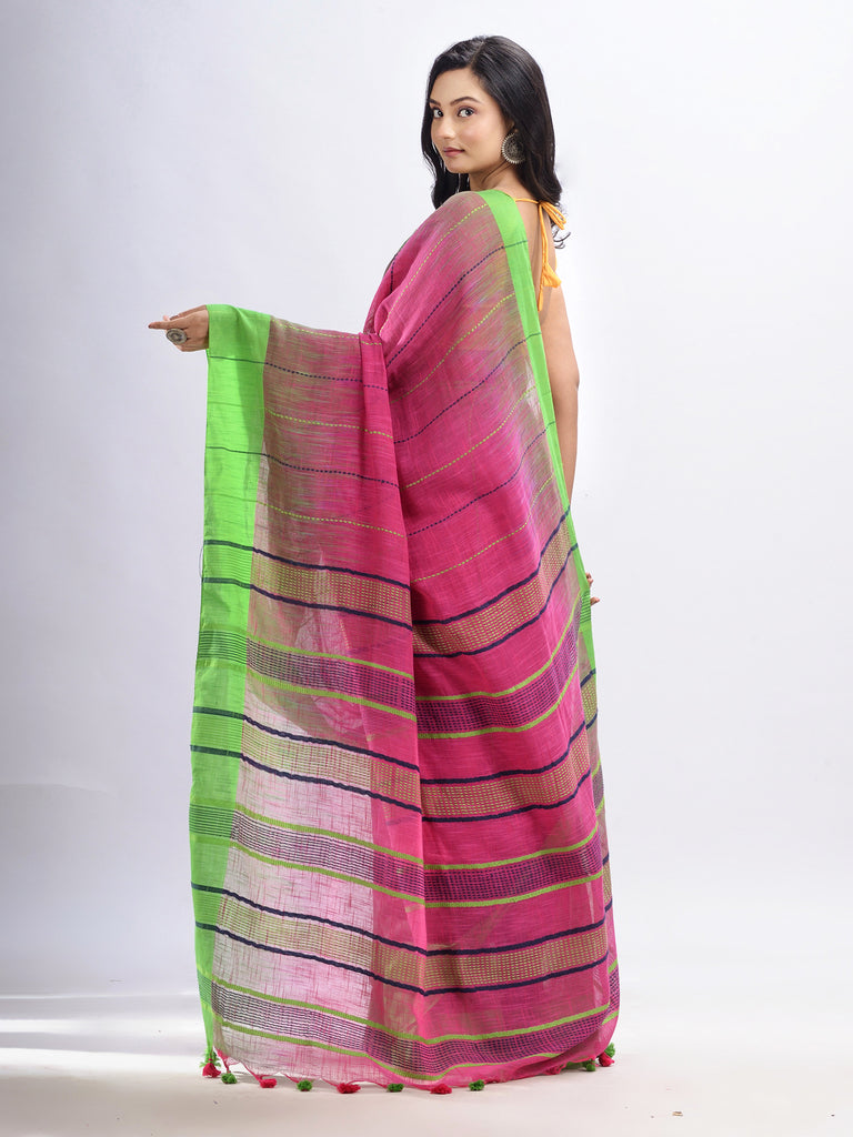 Women's Pink cotton tai dai with solid broder in multi colour pallu hondwaven saree