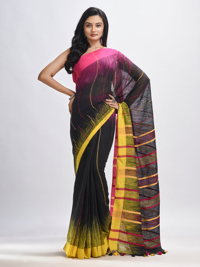 Women's Black cotton tai dai with solid broder in multi colour pallu hondwaven saree