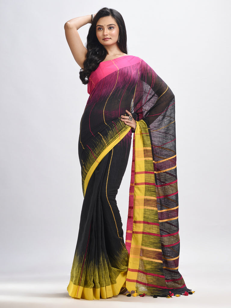 Women's Black cotton tai dai with solid broder in multi colour pallu hondwaven saree