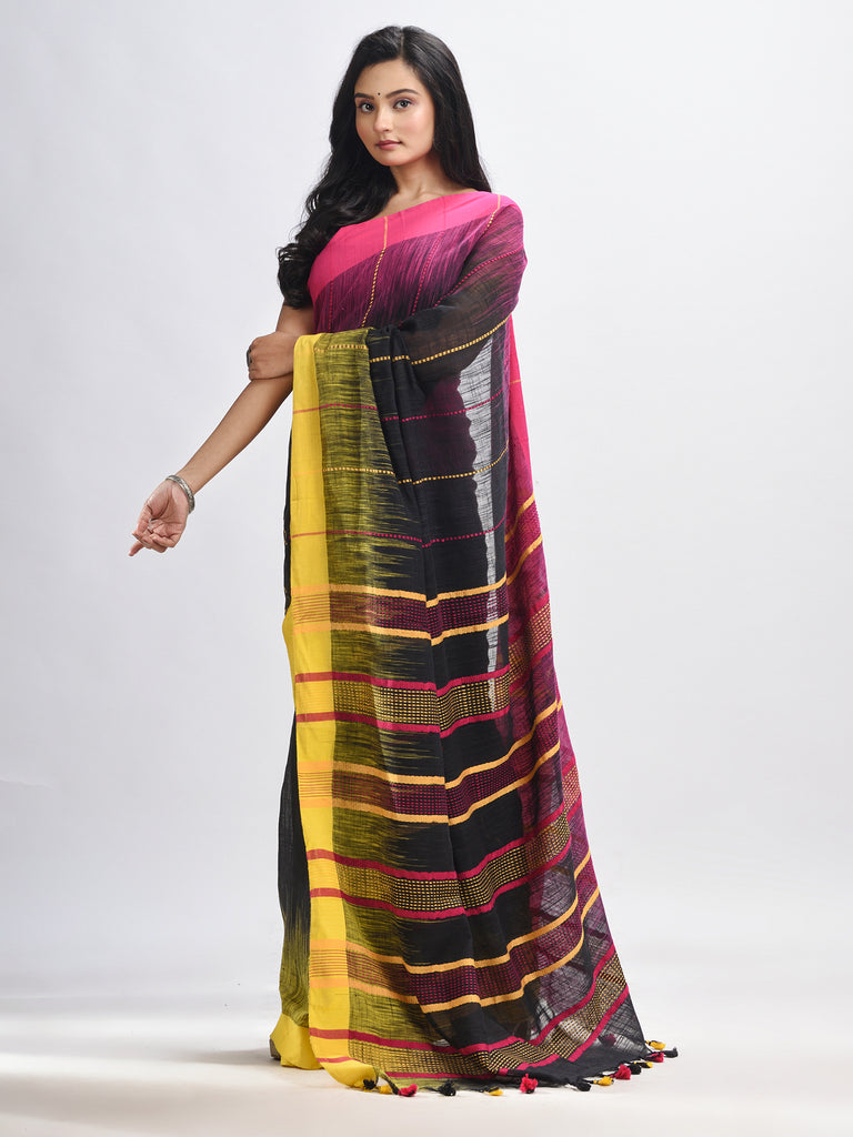 Women's Black cotton tai dai with solid broder in multi colour pallu hondwaven saree