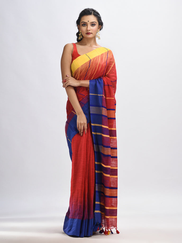 Women's Red cotton tai dai with solid broder in multi colour pallu hondwaven saree