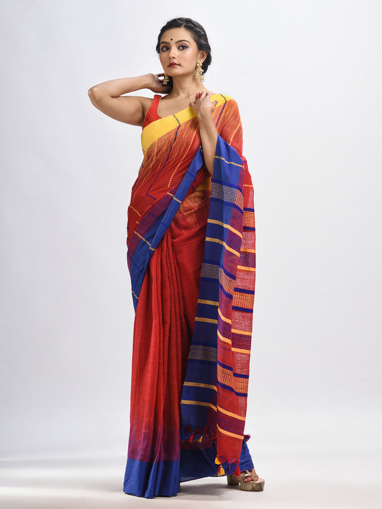 Women's Red cotton tai dai with solid broder in multi colour pallu hondwaven saree