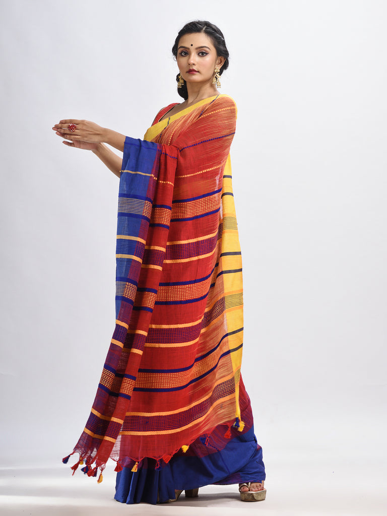 Women's Red cotton tai dai with solid broder in multi colour pallu hondwaven saree