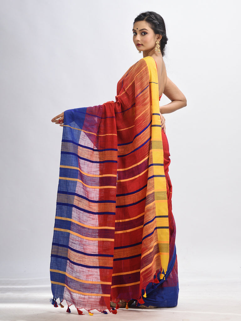 Women's Red cotton tai dai with solid broder in multi colour pallu hondwaven saree