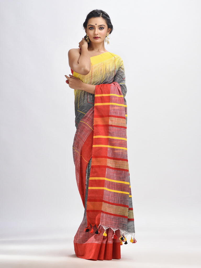 Women's Grey cotton tai dai with solid broder in multi colour pallu hondwaven saree