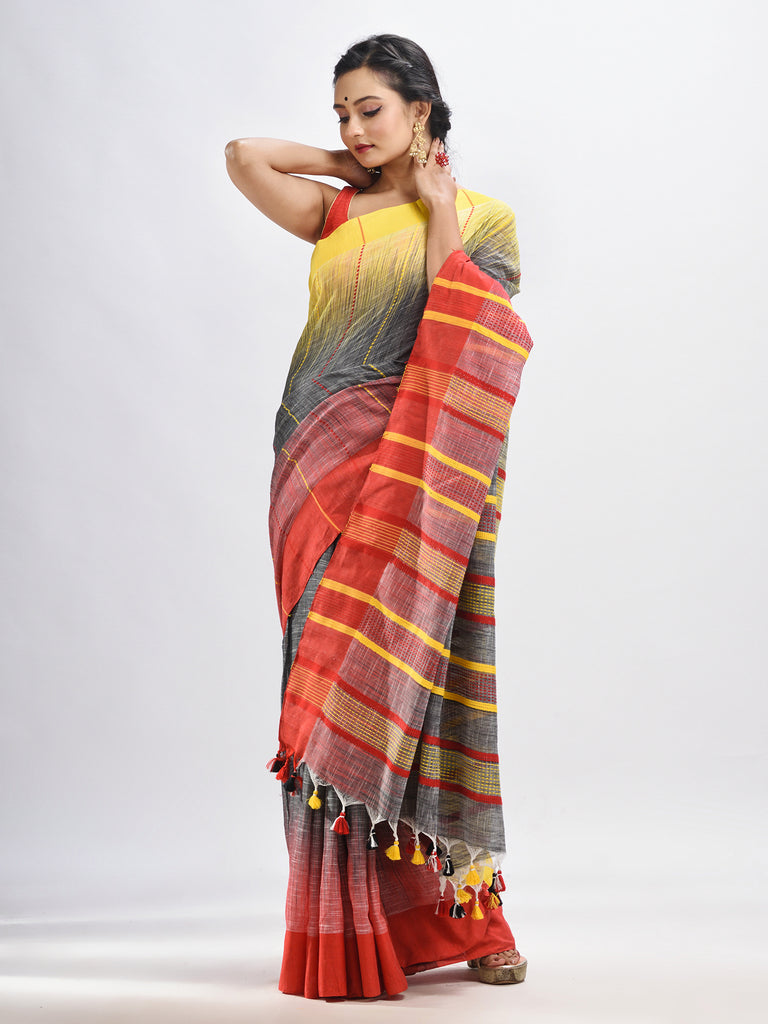 Women's Grey cotton tai dai with solid broder in multi colour pallu hondwaven saree