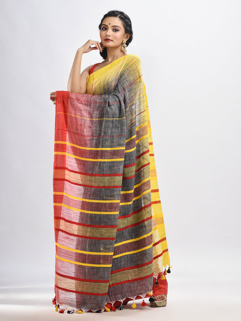 Women's Grey cotton tai dai with solid broder in multi colour pallu hondwaven saree