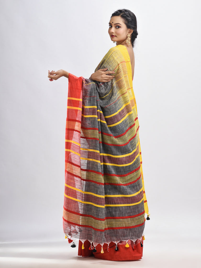 Women's Grey cotton tai dai with solid broder in multi colour pallu hondwaven saree