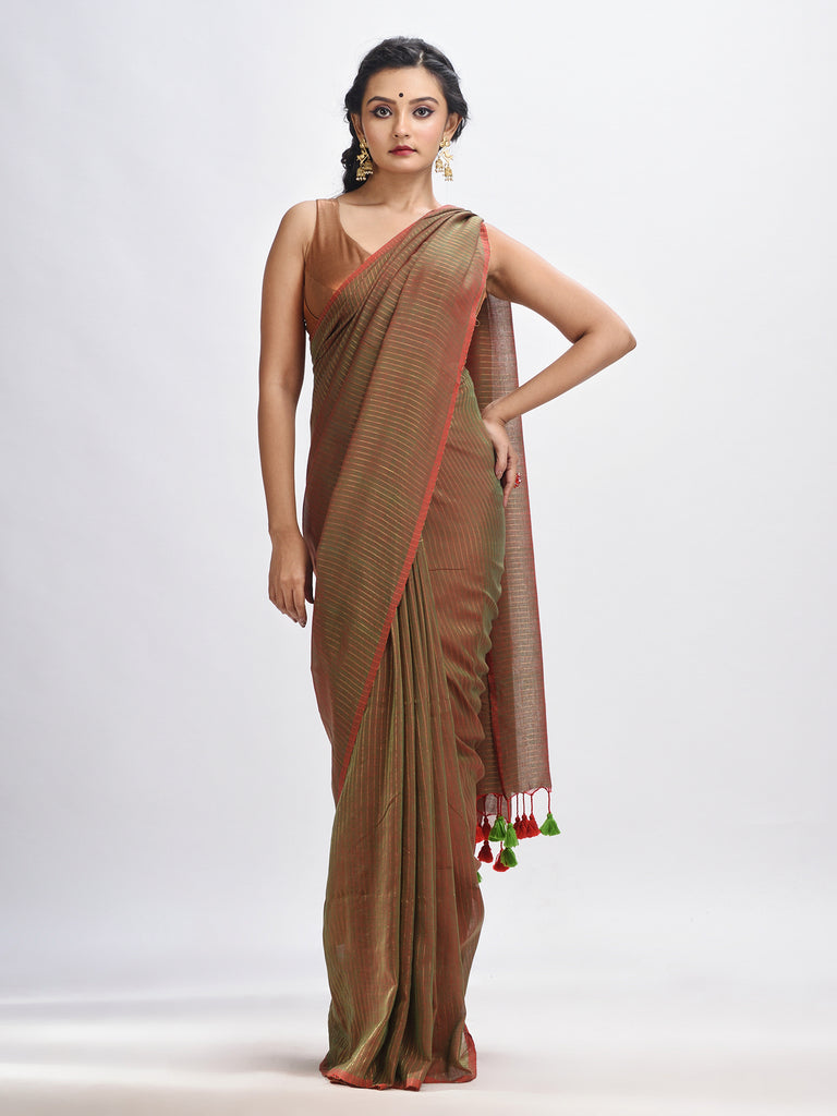 Women's Lime Green Handloom Molmol zari Cotton Saree