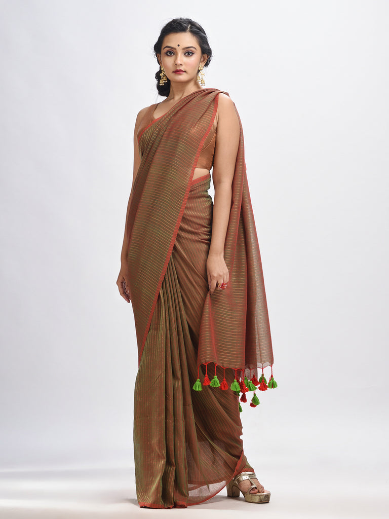 Women's Lime Green Handloom Molmol zari Cotton Saree