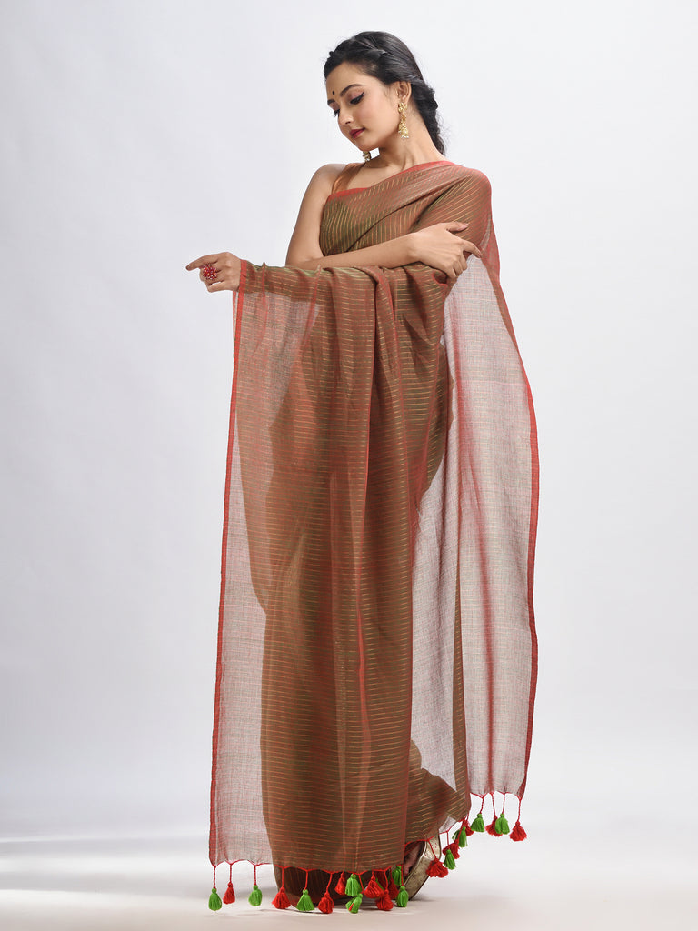 Women's Lime Green Handloom Molmol zari Cotton Saree