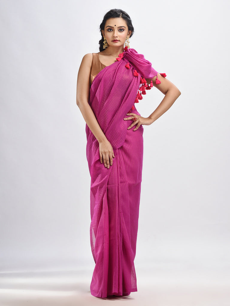 Women's Magenta Handloom Molmol zari Cotton Saree