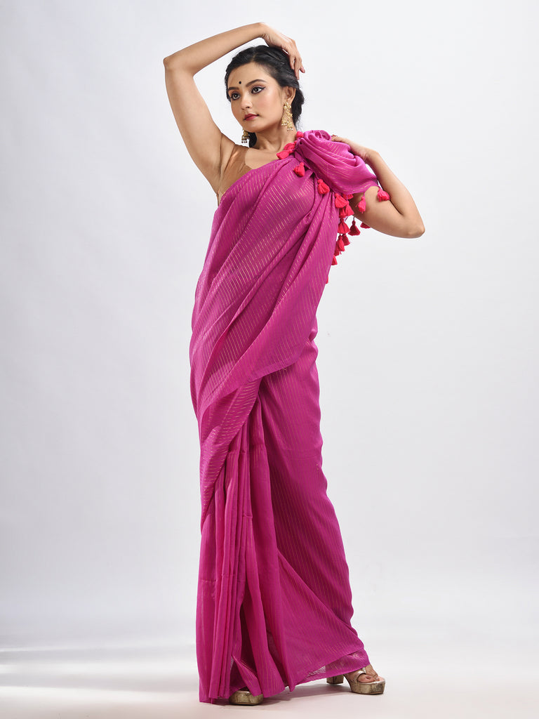 Women's Magenta Handloom Molmol zari Cotton Saree