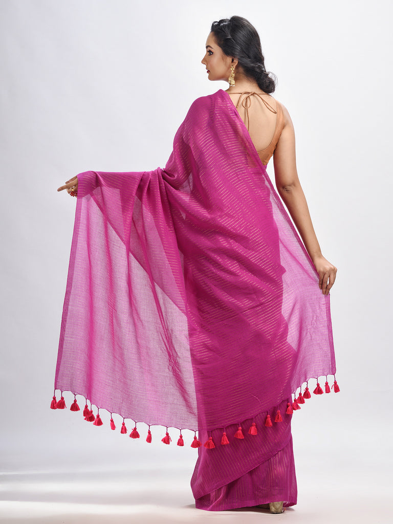 Women's Magenta Handloom Molmol zari Cotton Saree