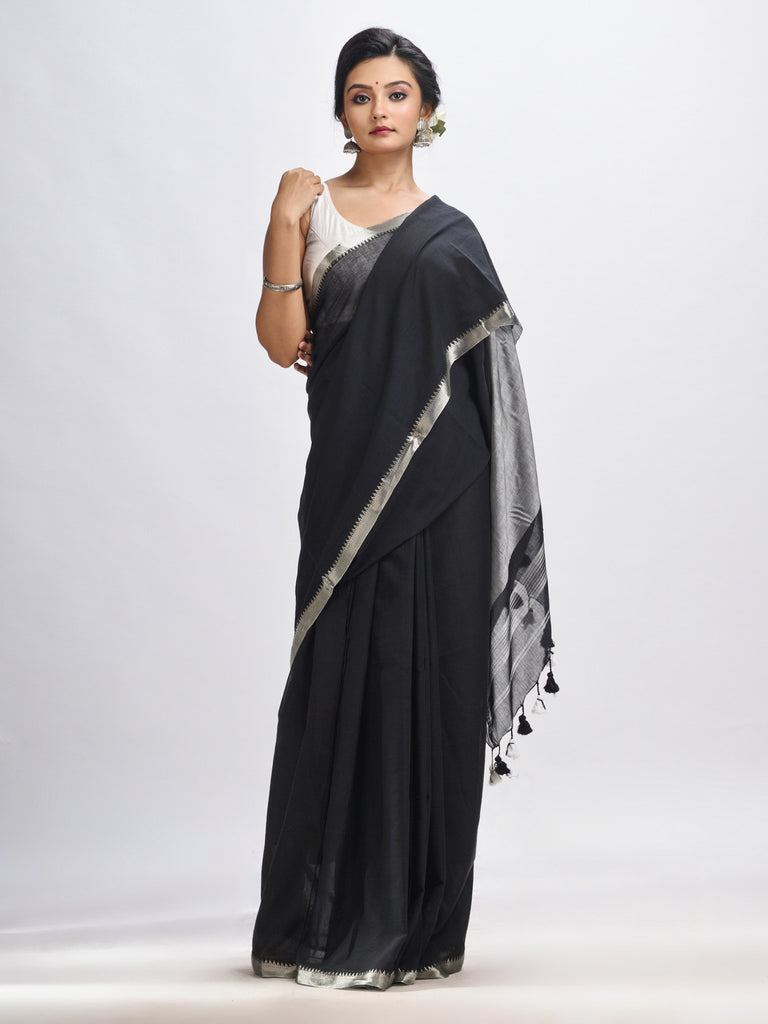 Women's Black Cotton with zari pallu and zari border handloom Saree