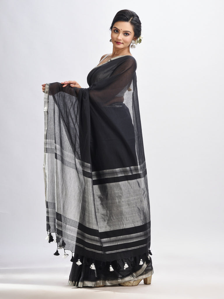 Women's Black Cotton with zari pallu and zari border handloom Saree