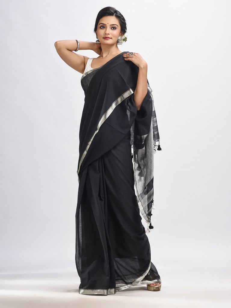 Women's Black Cotton with zari pallu and zari border handloom Saree