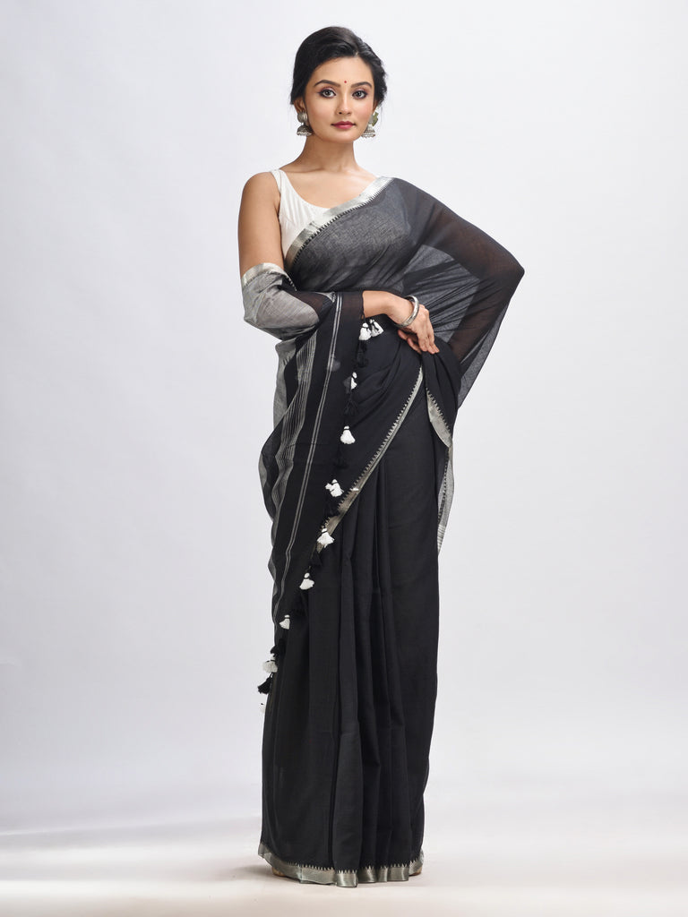 Women's Black Cotton with zari pallu and zari border handloom Saree