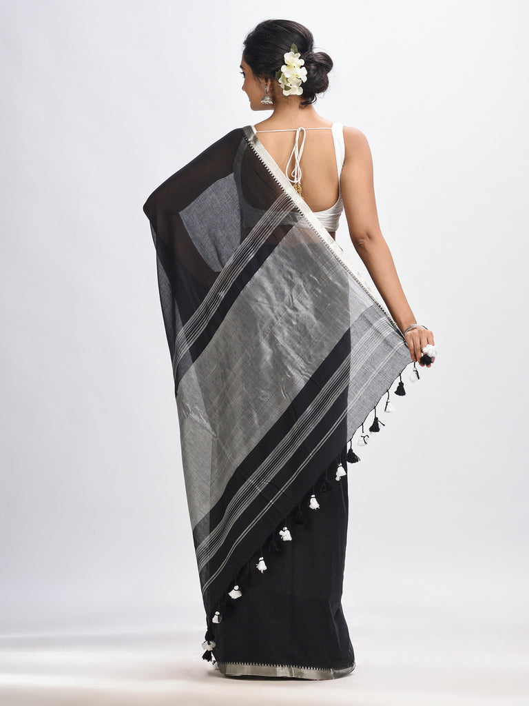 Women's Black Cotton with zari pallu and zari border handloom Saree
