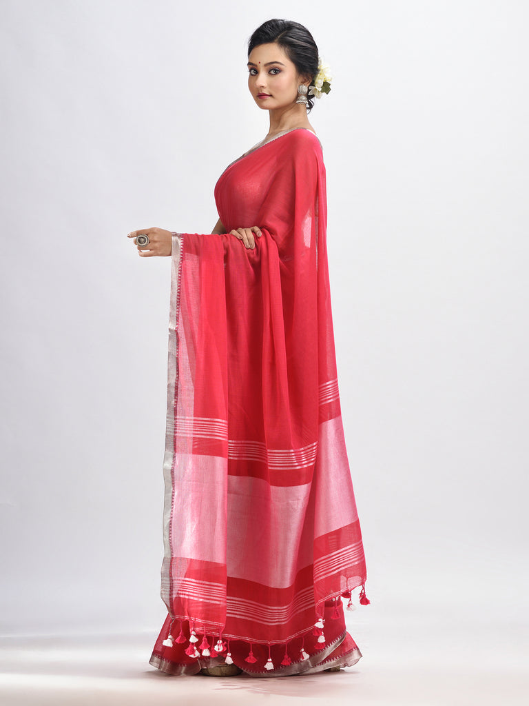 Women's Red Cotton with zari pallu and zari border handloom Saree