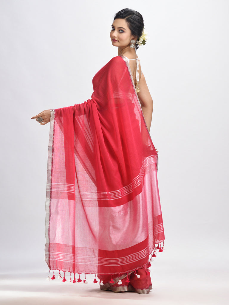 Women's Red Cotton with zari pallu and zari border handloom Saree