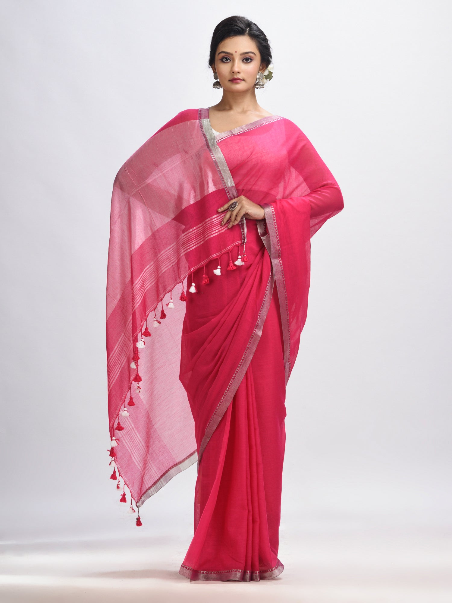 Women's Deep pink Cotton with zari pallu and zari border handloom Saree - Angoshobha