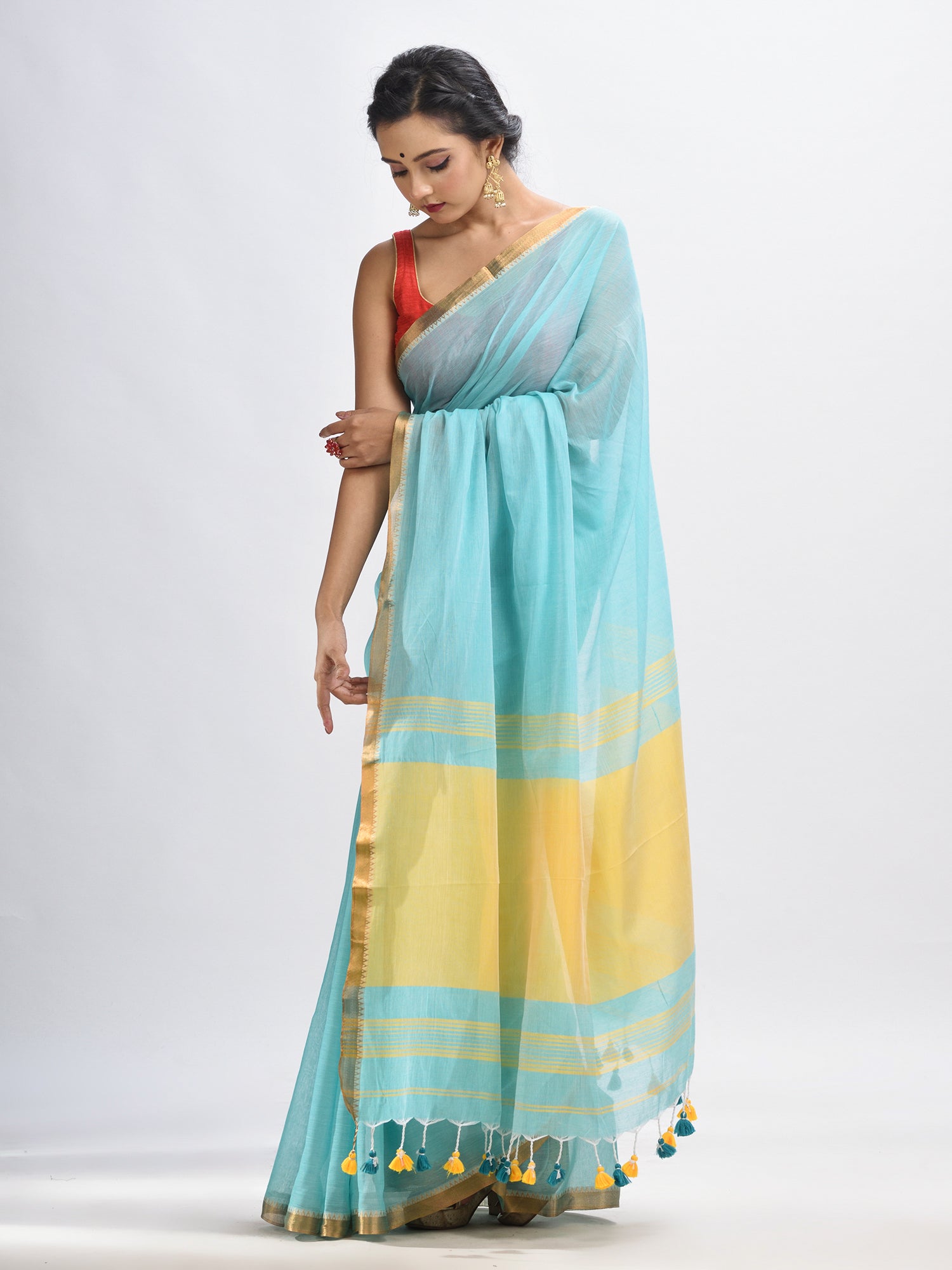 Women's Aqua sky Cotton with zari pallu and zari border handloom Saree - Angoshobha