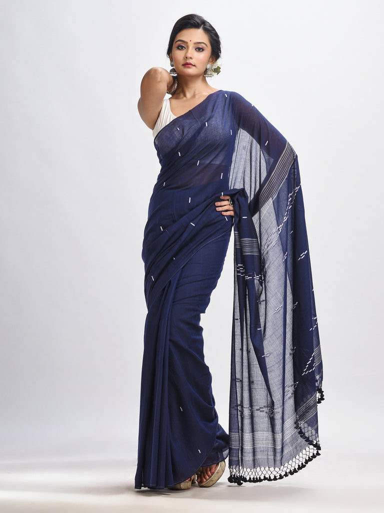 Women's Navy bule body buti Handloom Molmol Cotton Jamdani Saree