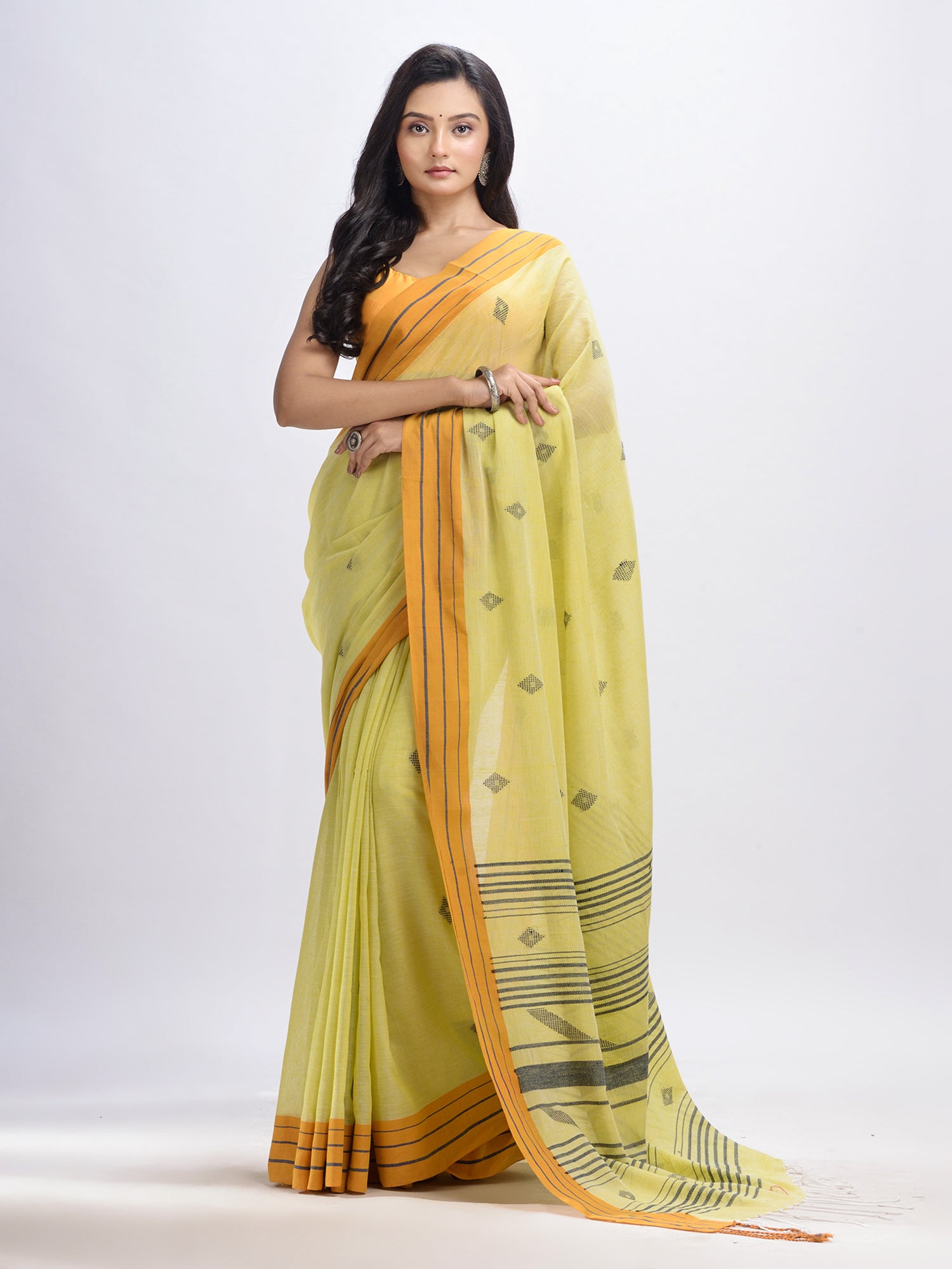 Women's Summer yellow cotton with simply elegant border handwoven jamdani saree - Angoshobha