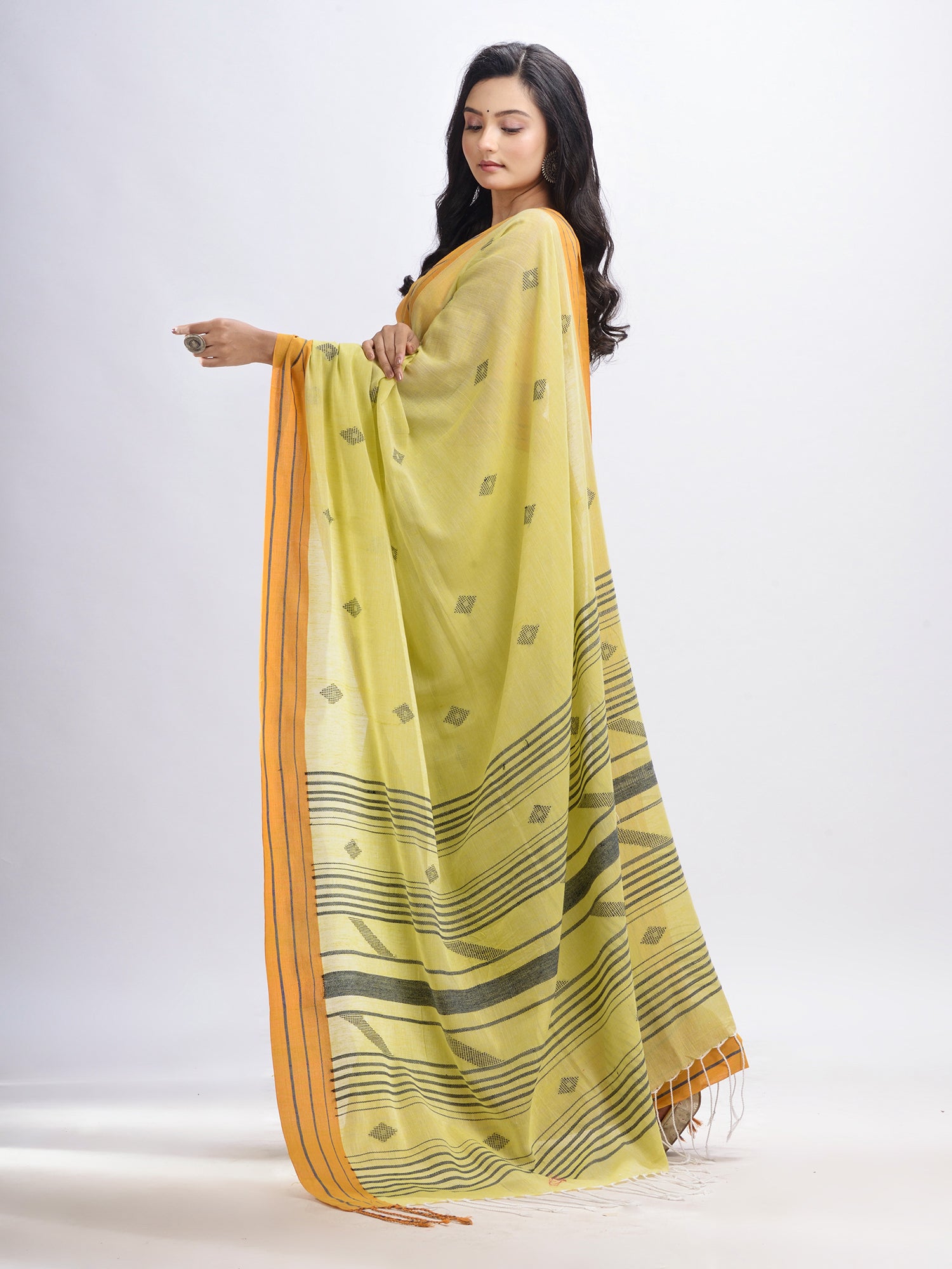 Women's Summer yellow cotton with simply elegant border handwoven jamdani saree - Angoshobha