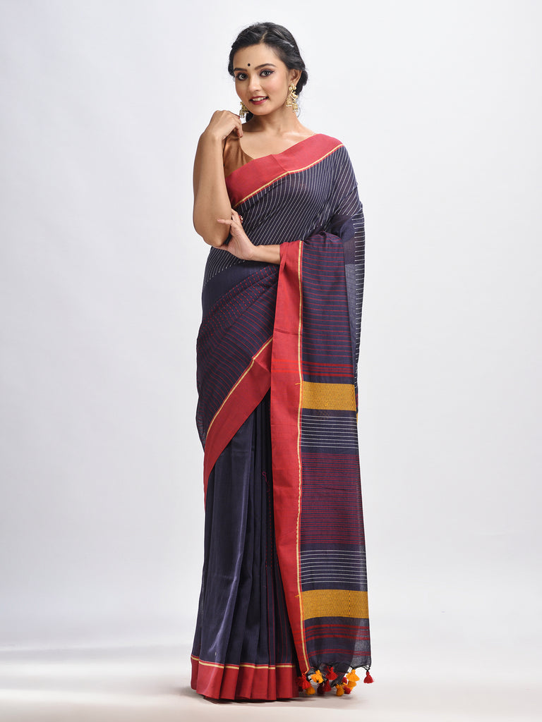 Women's Dark grey cotton with red border handwoven jamdani saree