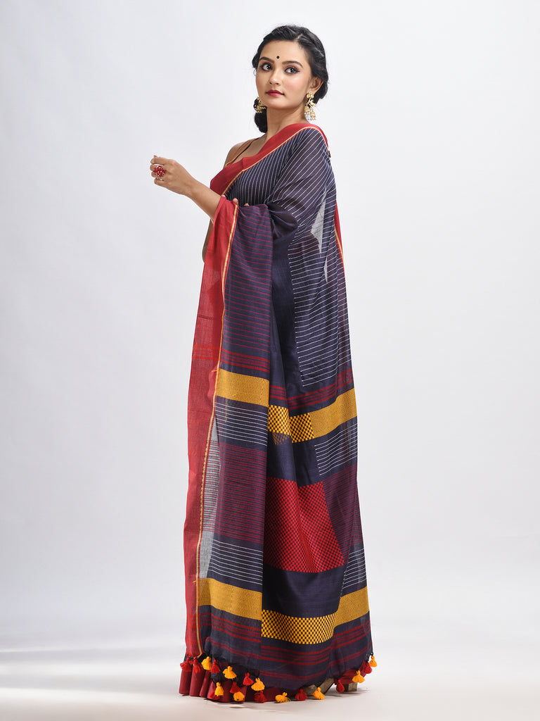 Women's Dark grey cotton with red border handwoven jamdani saree