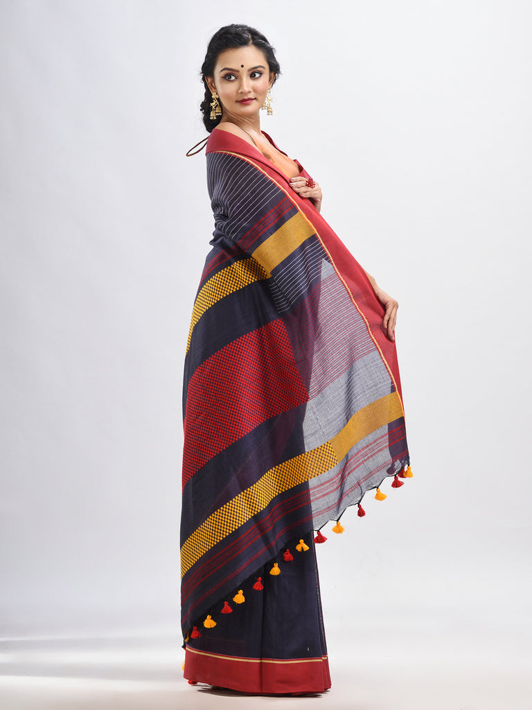 Women's Dark grey cotton with red border handwoven jamdani saree