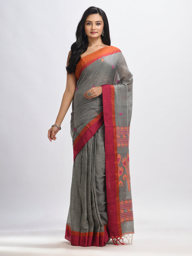 Women's Grey cotton Jacquard jamdani saree
