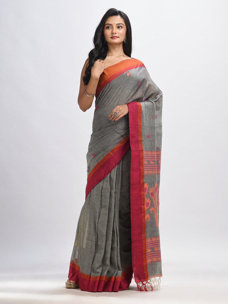 Women's Grey cotton Jacquard jamdani saree
