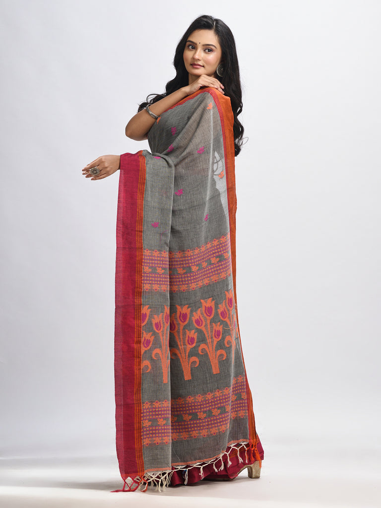 Women's Grey cotton Jacquard jamdani saree