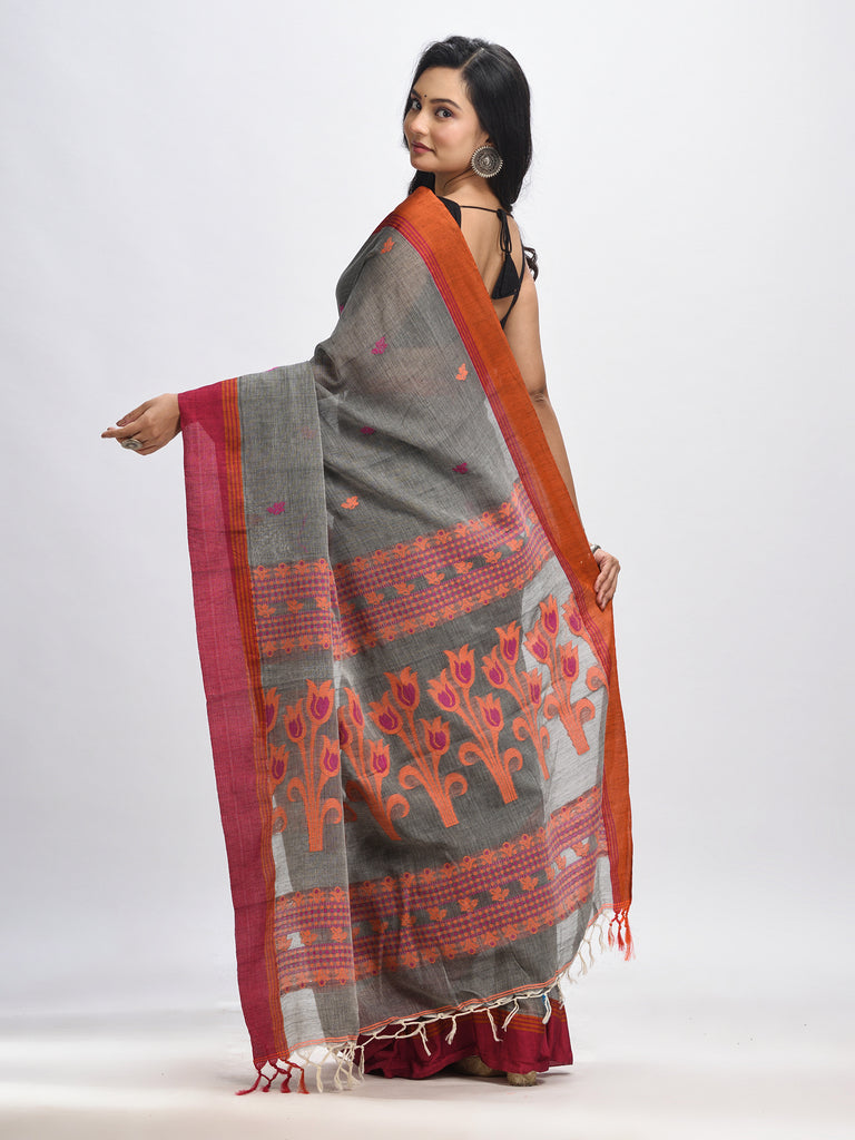 Women's Grey cotton Jacquard jamdani saree