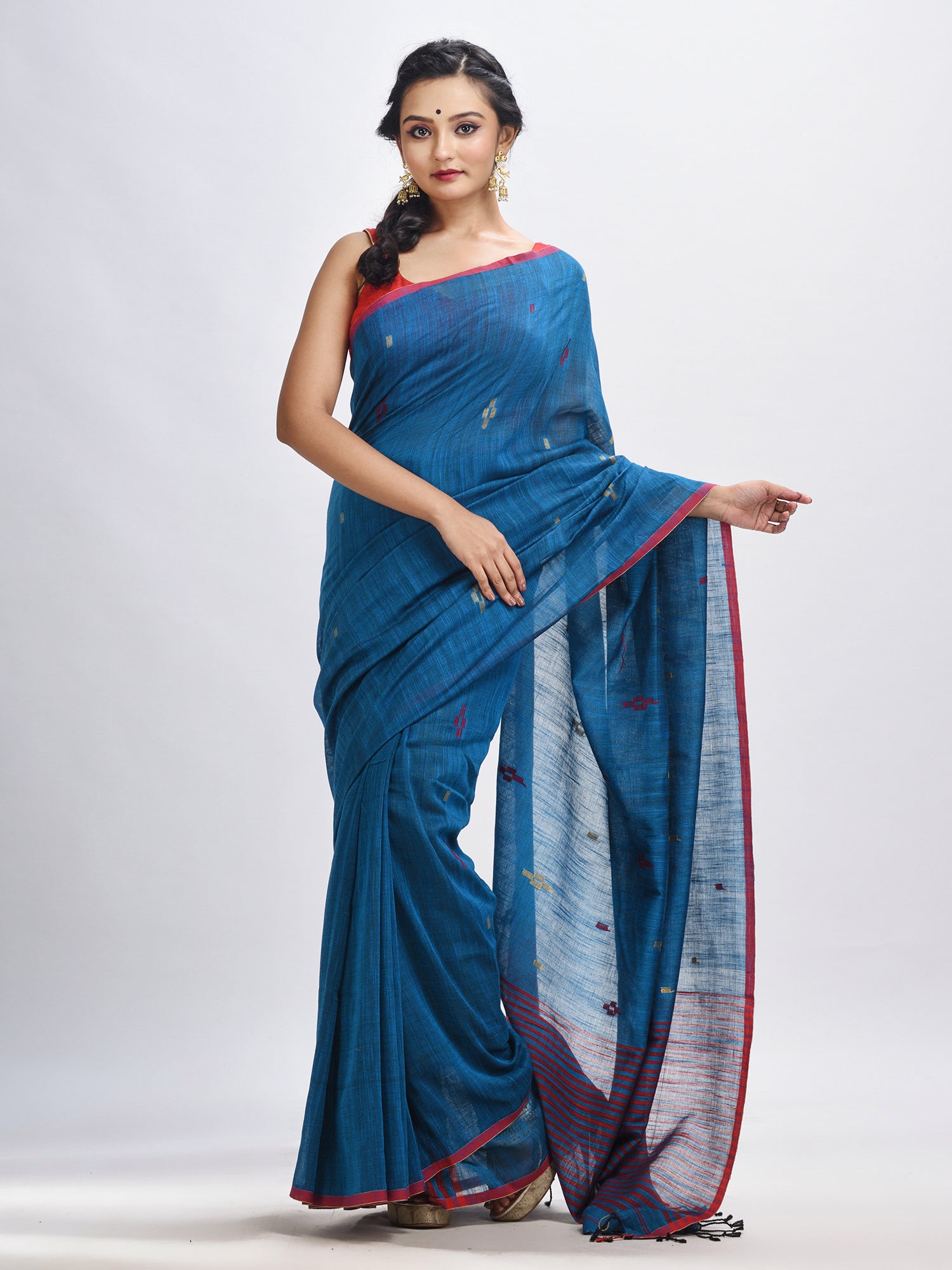 Women's Turquoise cotton pallu stipe handwoven jamdani saree - Angoshobha