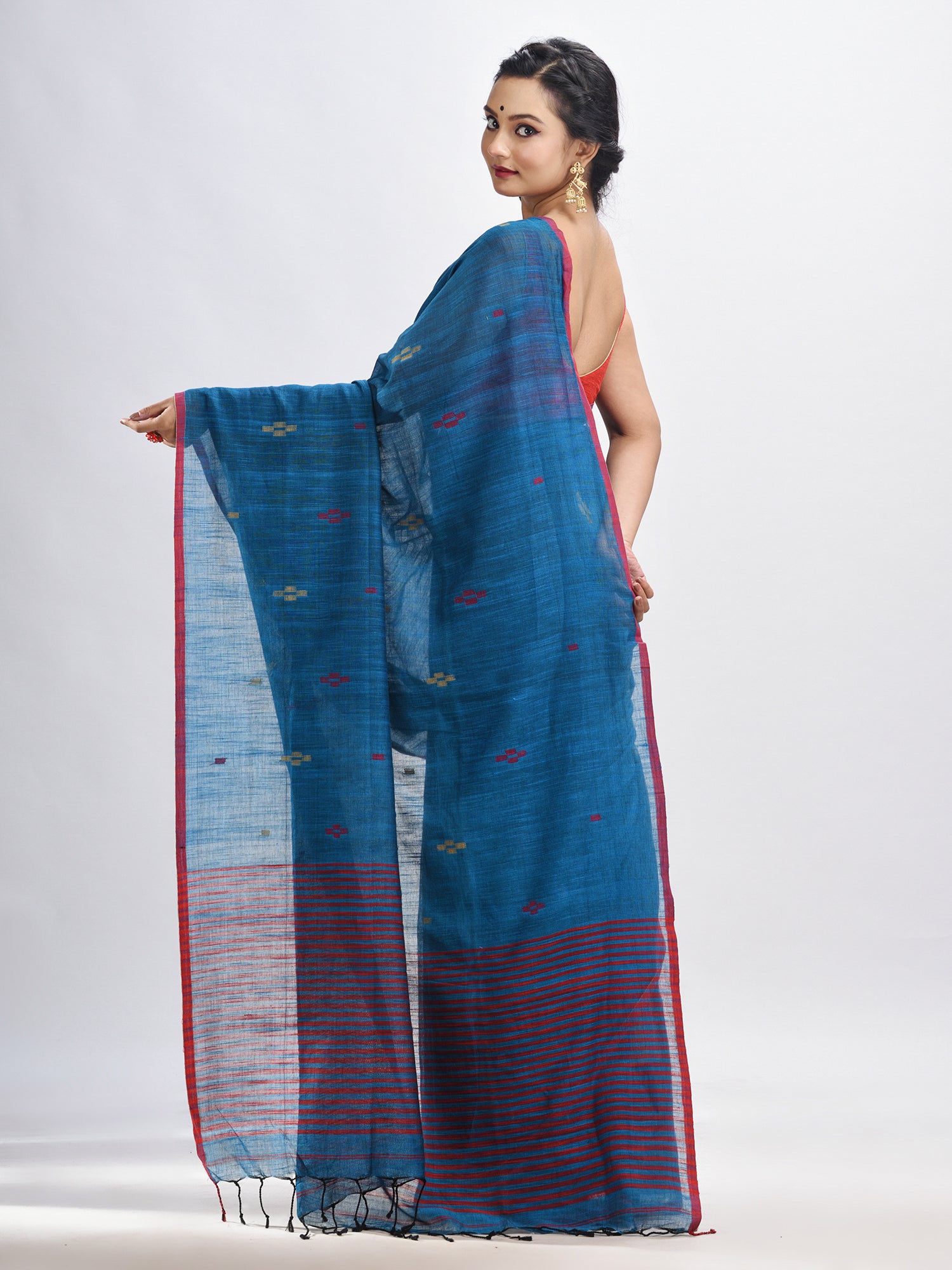 Women's Turquoise cotton pallu stipe handwoven jamdani saree - Angoshobha