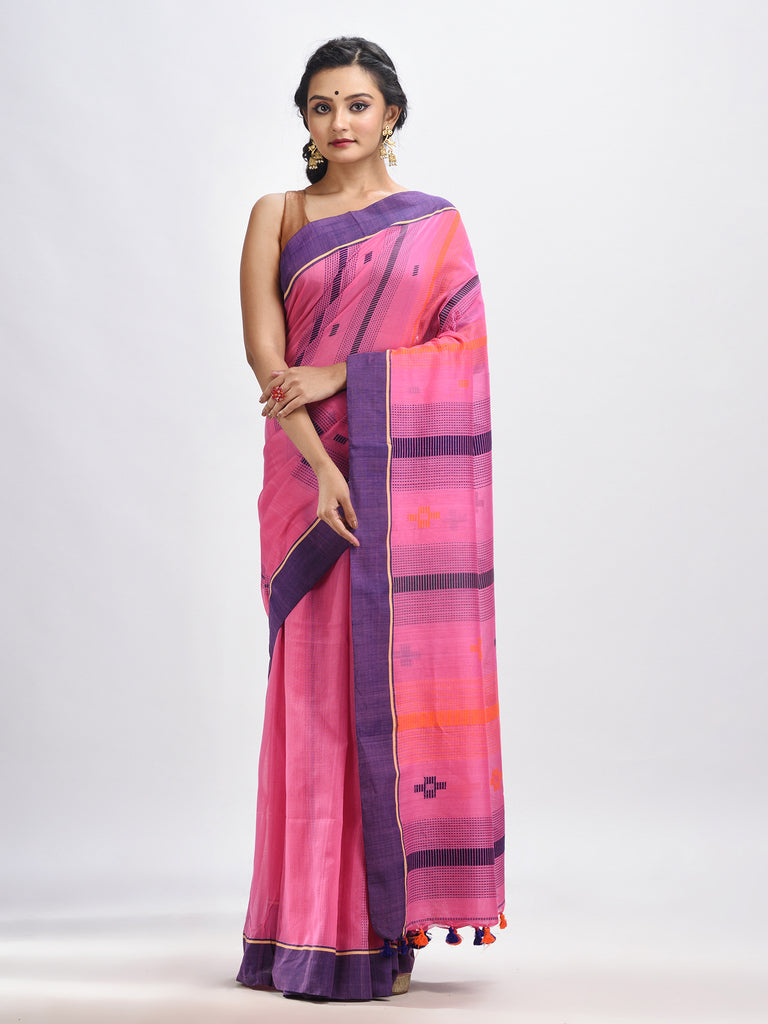 Women's Hot pink cotton handwoven jamdani saree