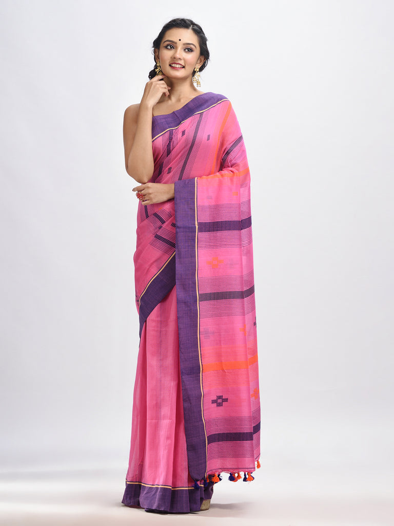 Women's Hot pink cotton handwoven jamdani saree