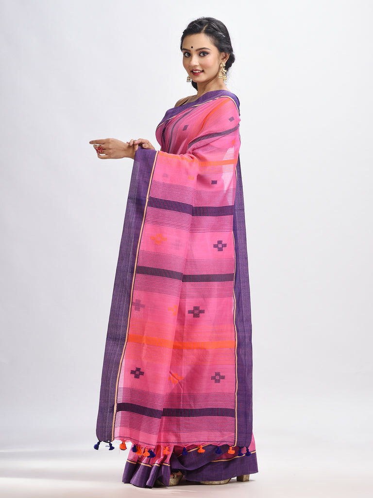Women's Hot pink cotton handwoven jamdani saree