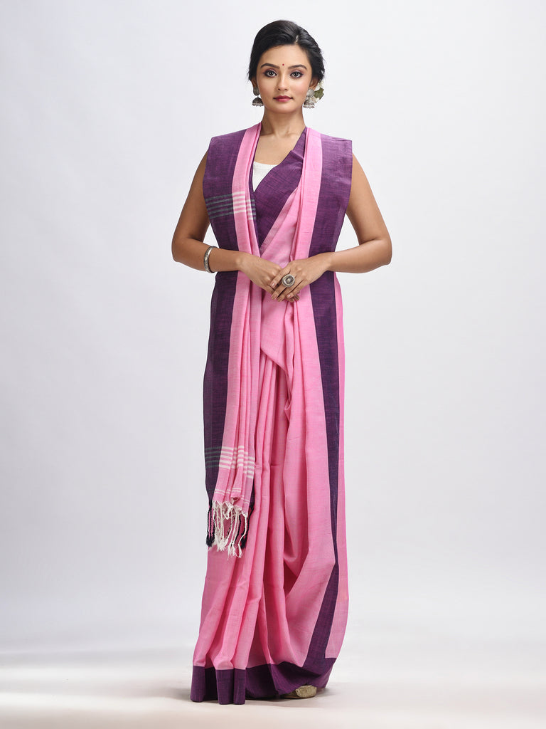 Women's Pink cotton solid body handloom saree