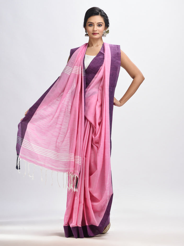Women's Pink cotton solid body handloom saree