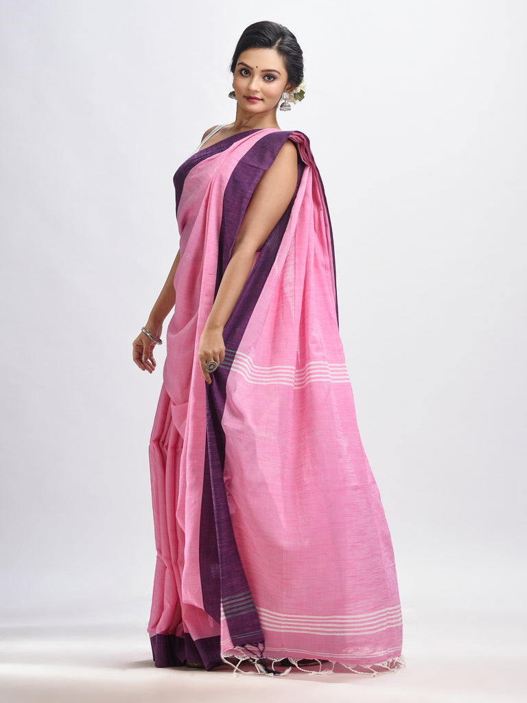 Women's Pink cotton solid body handloom saree