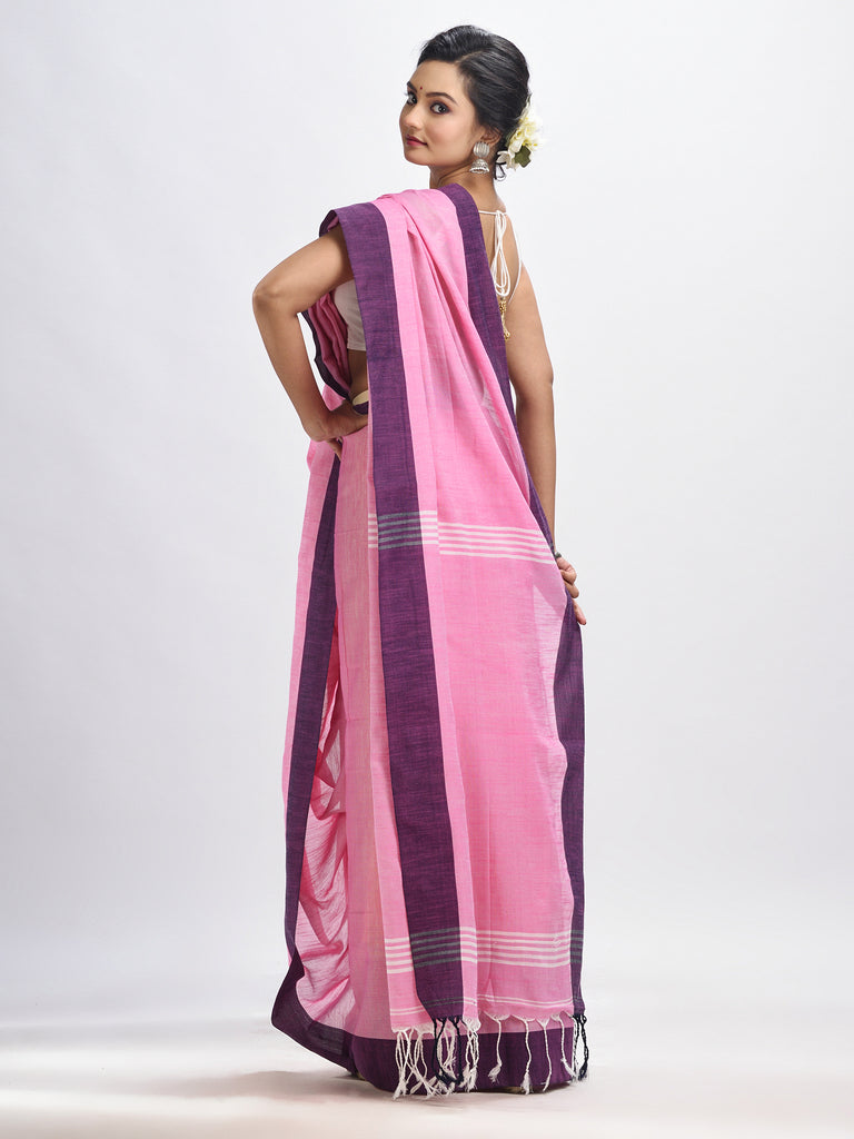 Women's Pink cotton solid body handloom saree