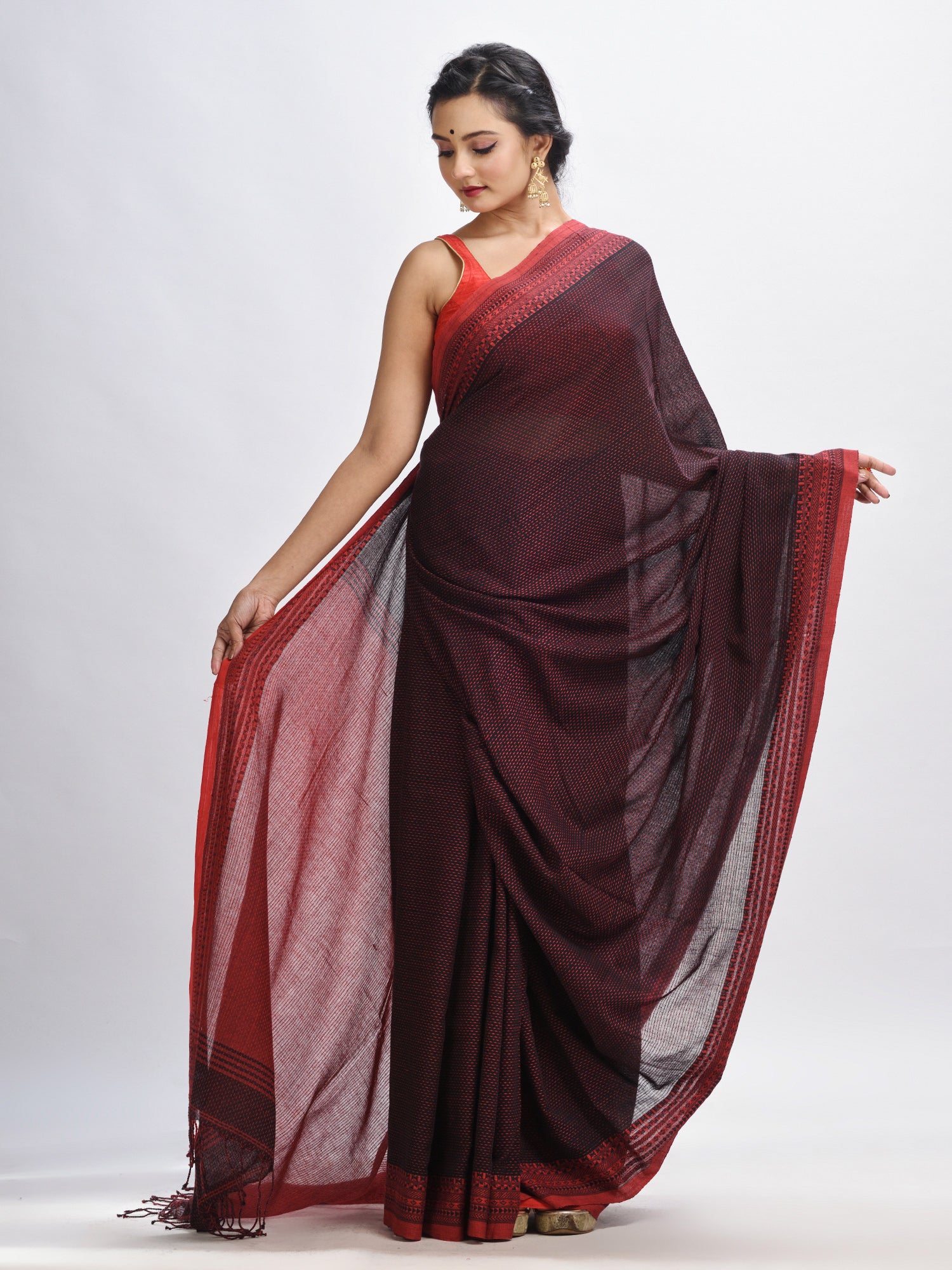 Women's Black cotton kantha stitch handwoven saree