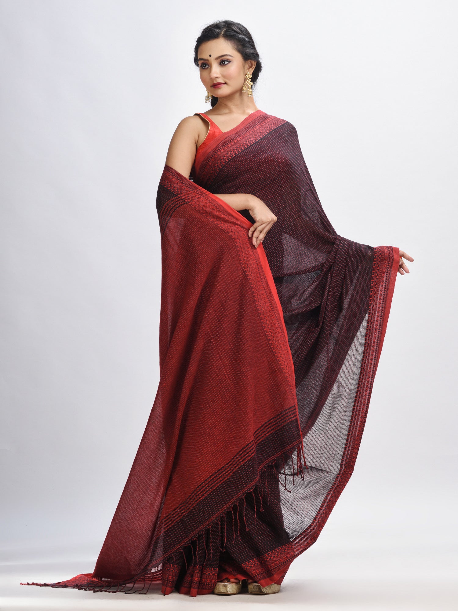 Women's Black cotton kantha stitch handwoven saree