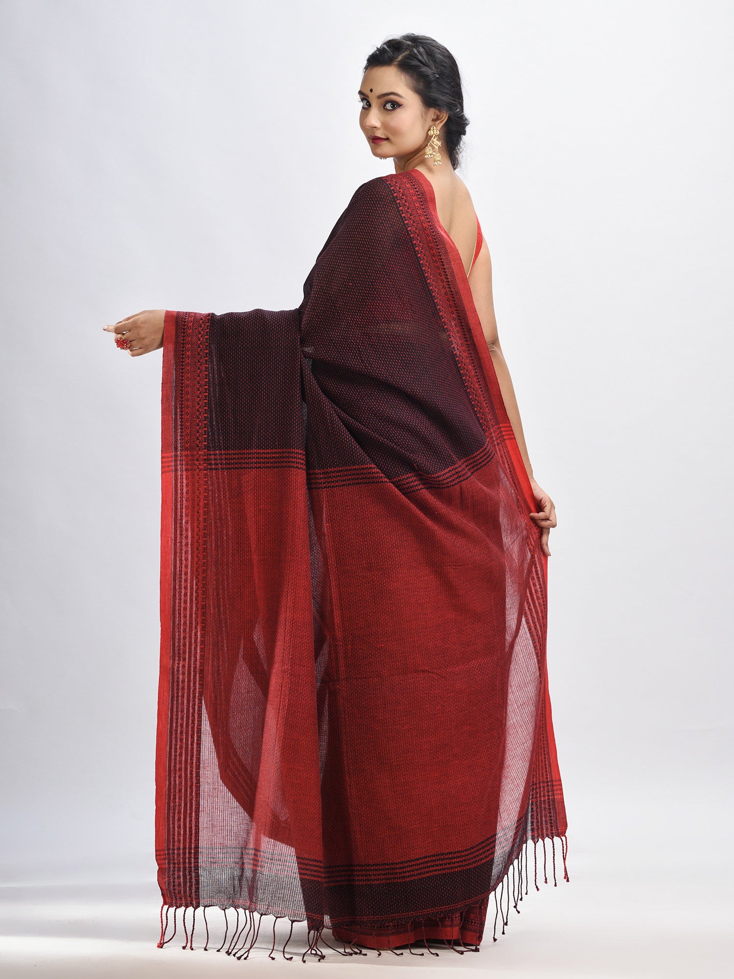 Women's Black cotton kantha stitch handwoven saree